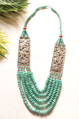 Turquoise Coral Seed Beads Multi-Layer Elephant Motif Necklace with Oxidised Finish Metal Detailing