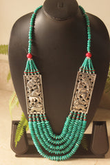 Turquoise Coral Seed Beads Multi-Layer Elephant Motif Necklace with Oxidised Finish Metal Detailing