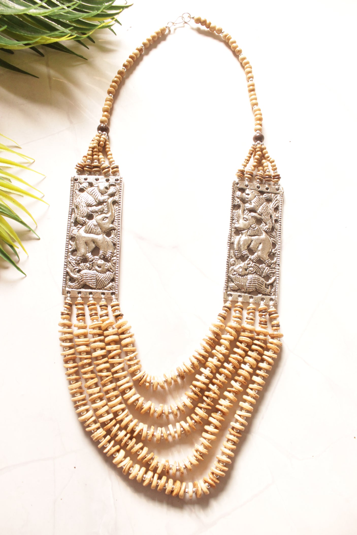 Beige Coral Seed Beads Multi-Layer Elephant Motif Necklace with Oxidised Finish Metal Detailing