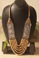 Beige Coral Seed Beads Multi-Layer Elephant Motif Necklace with Oxidised Finish Metal Detailing