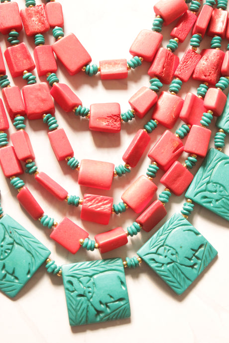 Turquoise & Red Flower Bone Beads Handcrafted Multi-Layer African Tribal Necklace