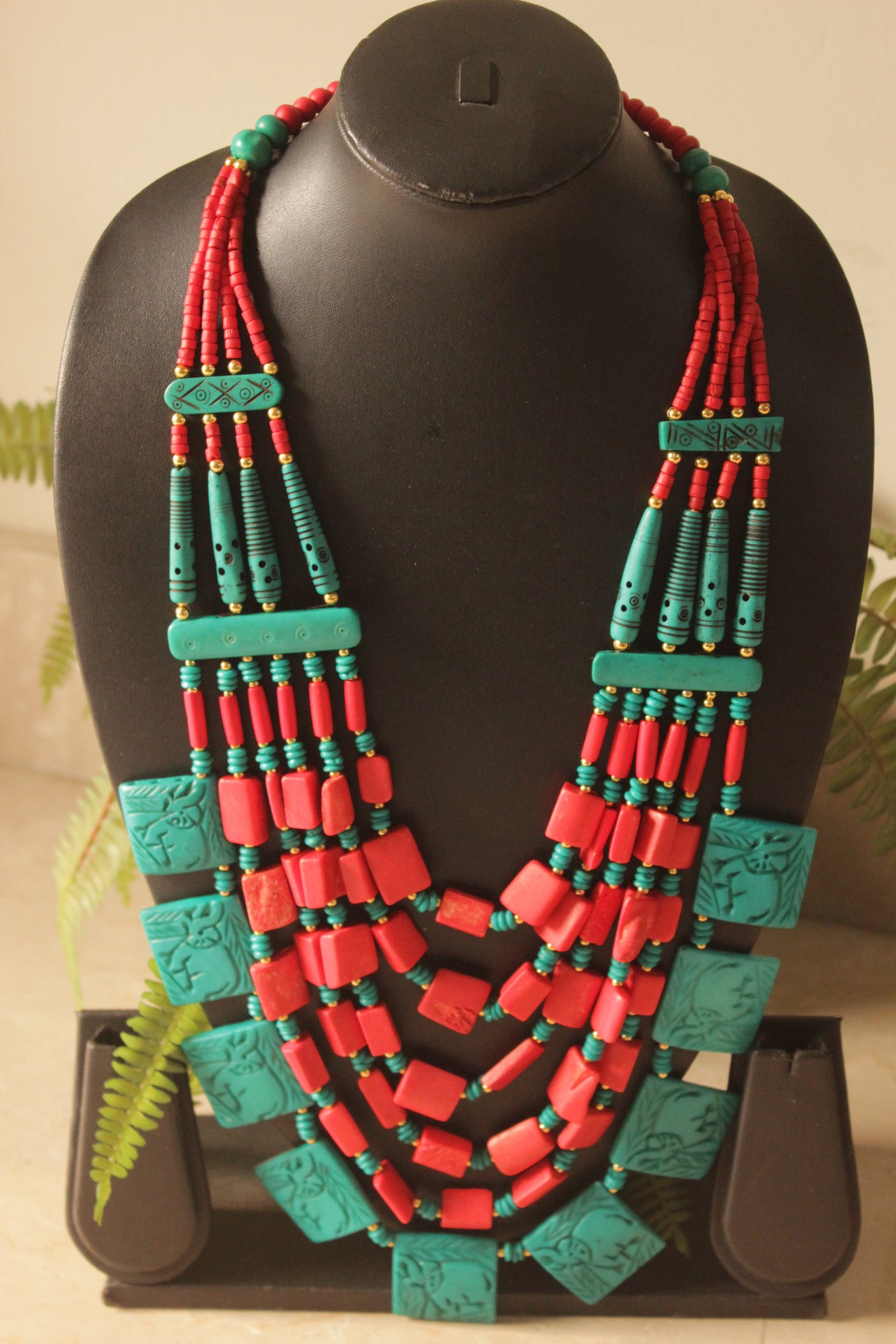 Turquoise & Red Flower Bone Beads Handcrafted Multi-Layer African Tribal Necklace