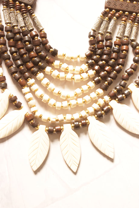 Ivory and Brown Flower Bone Beads Handcrafted Multi-Layer African Tribal Necklace