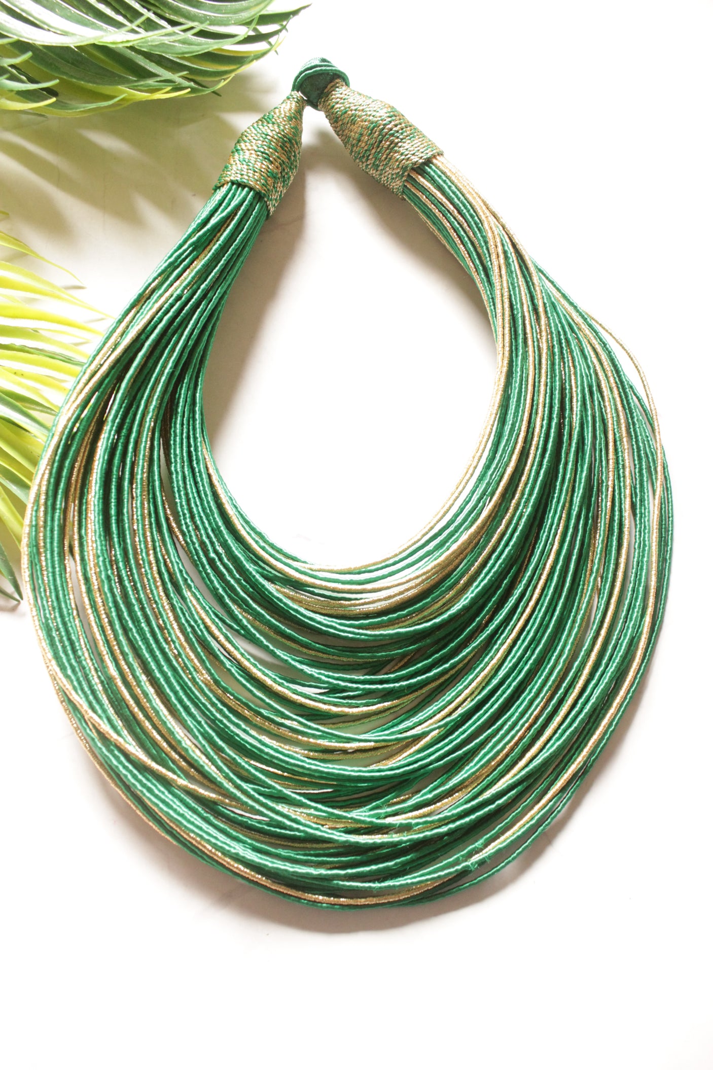 Green and Gold Handmade Silk Threads Multi-Layer Statement African Choker Necklace