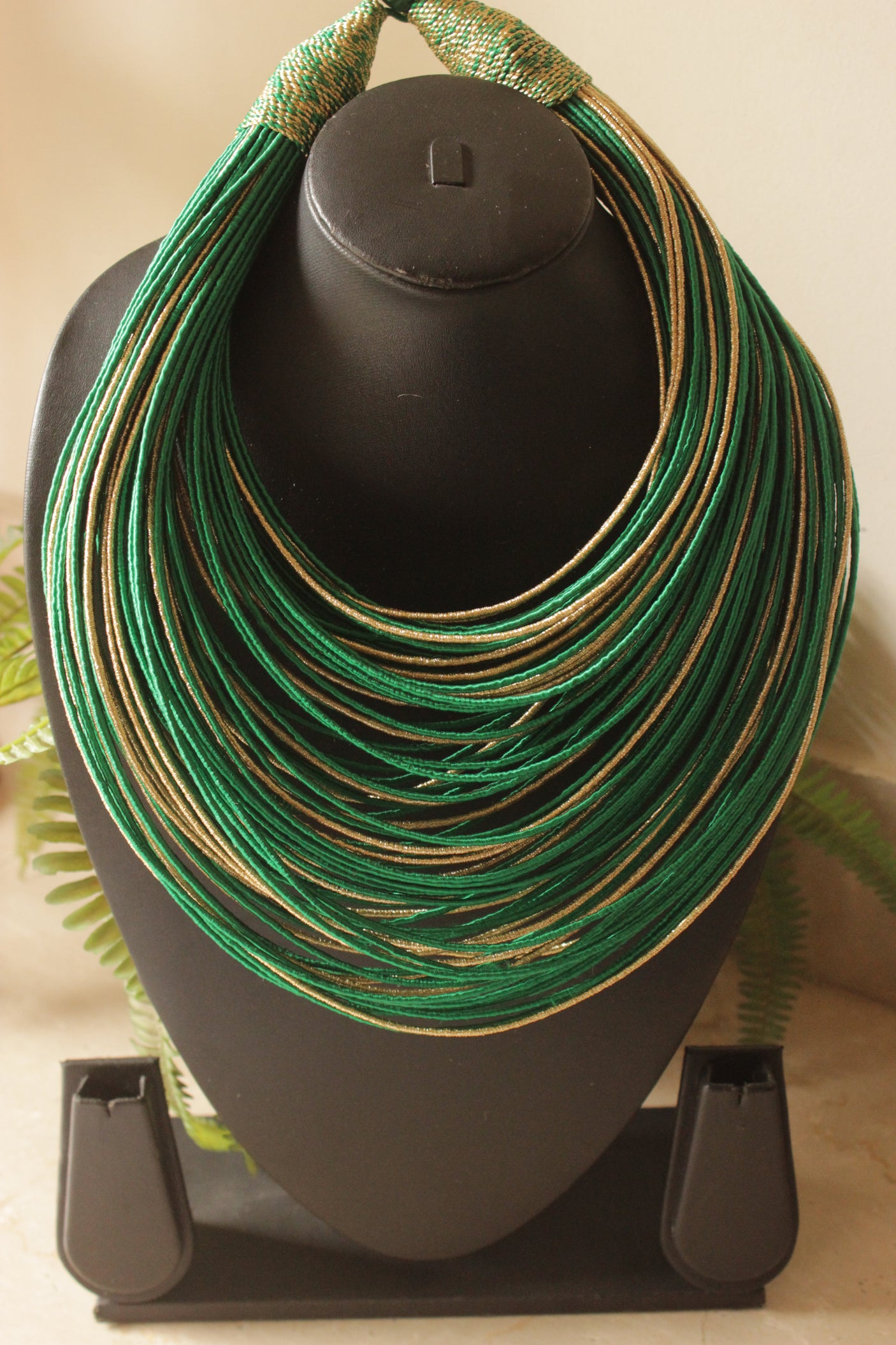 Green and Gold Handmade Silk Threads Multi-Layer Statement African Choker Necklace