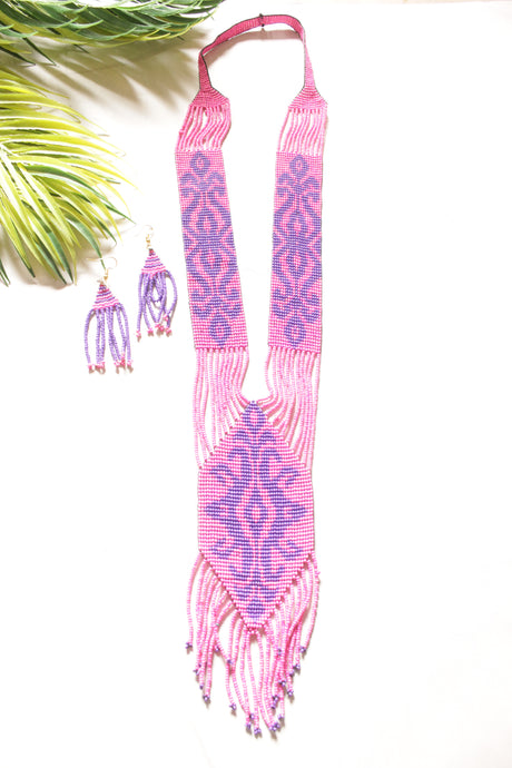 Pink and Purple Multi-Layer Hand Beaded Long Necklace Set