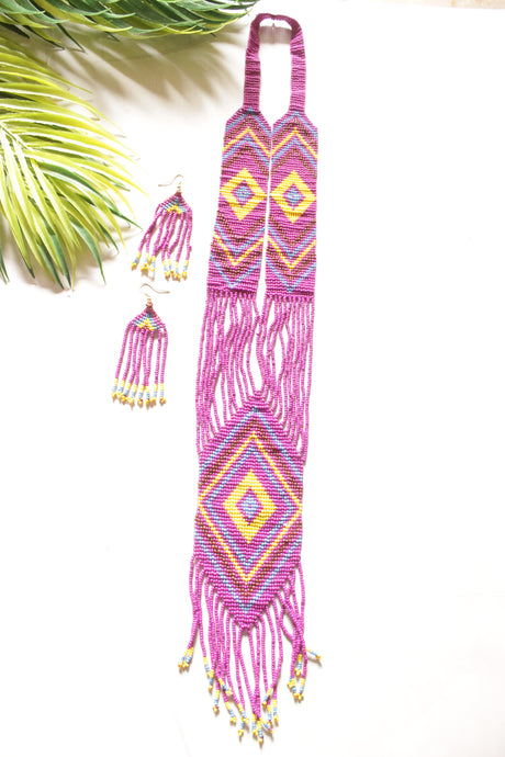 Purple and Yellow Hand Beaded Long Necklace Set