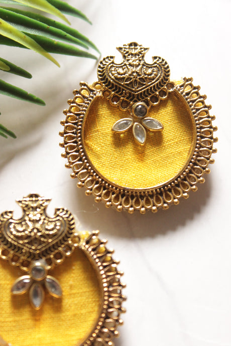 Yellow Fabric and Matt Gold Finish Metal Earrings