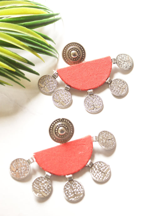 Red Fabric Half Moon Shape Earrings with Stamped Metal Coins Accents