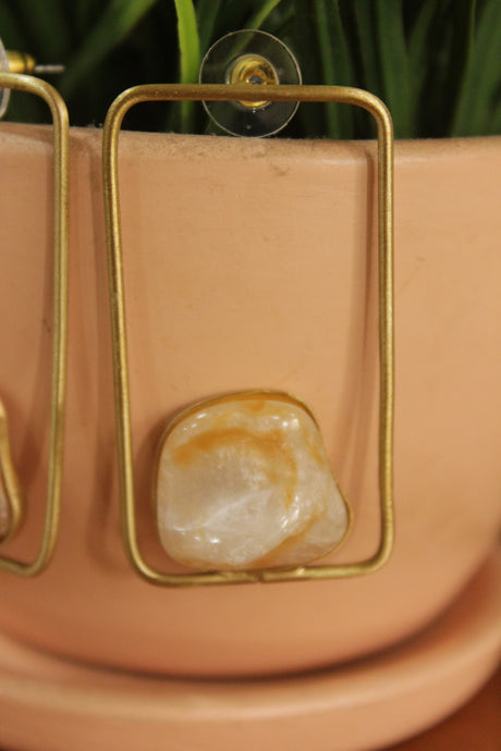 Baroque Pearl Gemstone Gold Finish Rectangular Brass Earrings