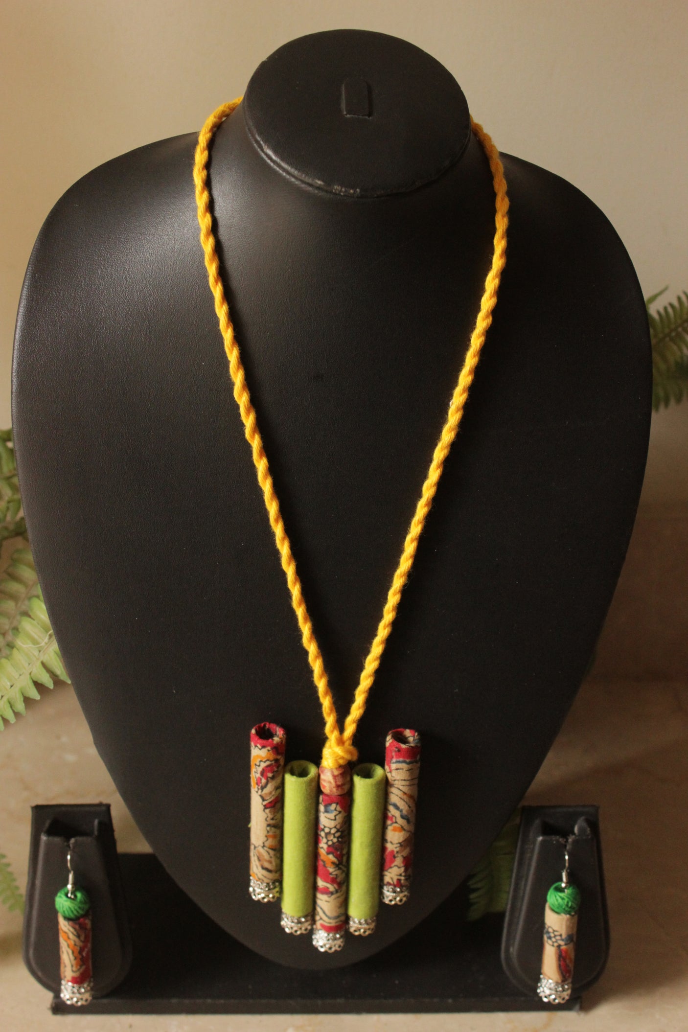 Red Kalamkari Fabric and Green Cotton Fabric Handmade Necklace Set