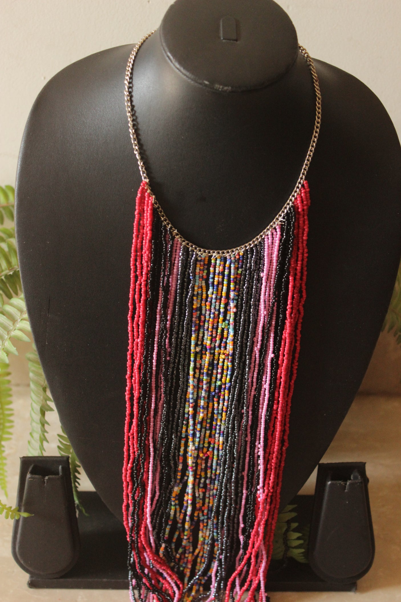 Beads and Metal Chains Statement Handmade Long Boho Choker Necklace