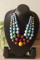 Maroon and Blue Wooden Beads 3 Layer Necklace