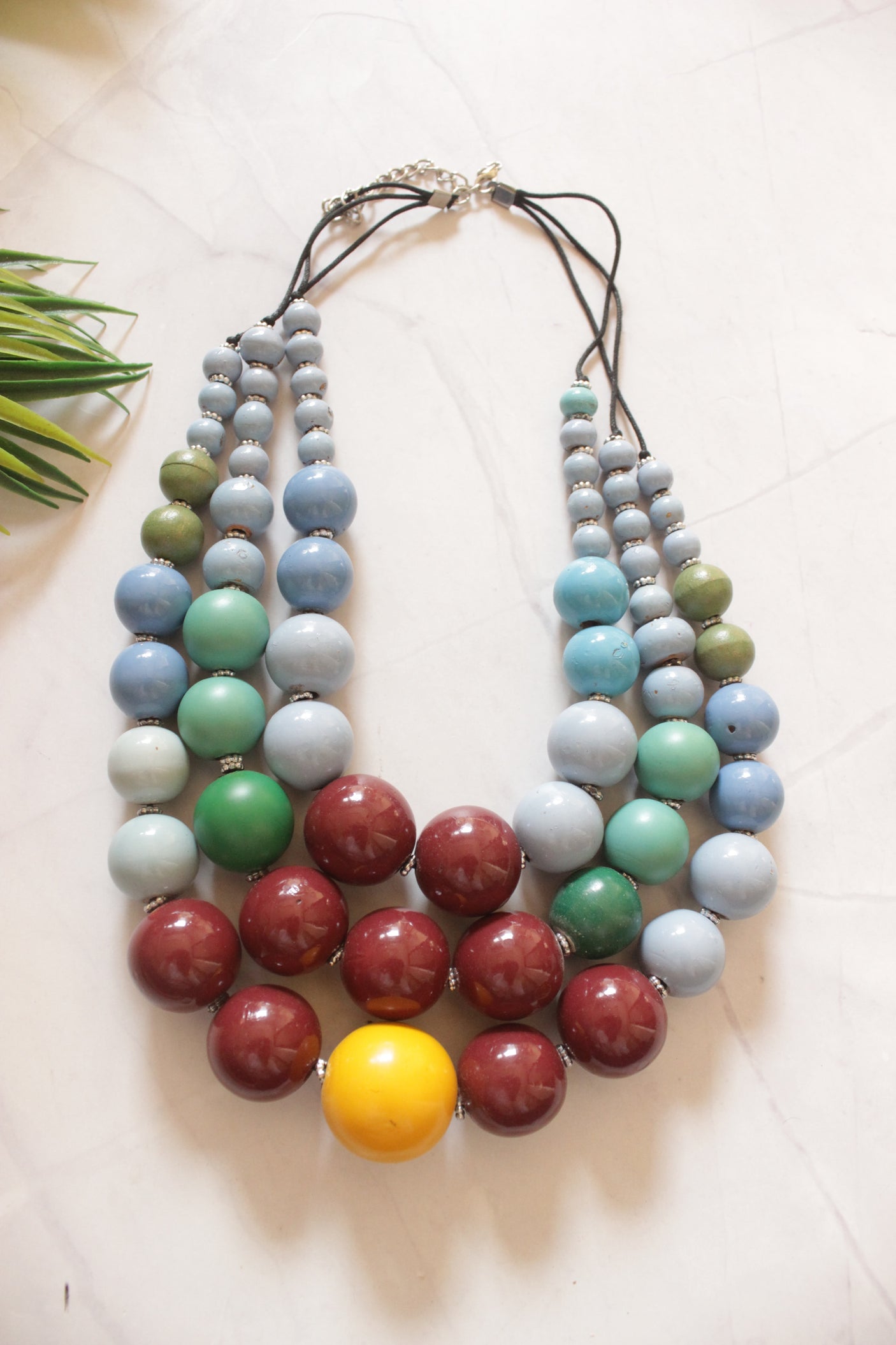 Maroon and Blue Wooden Beads 3 Layer Necklace