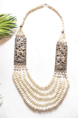 White Coral Seed Beads Multi-Layer Elephant Motif Necklace with Oxidised Finish Metal Detailing