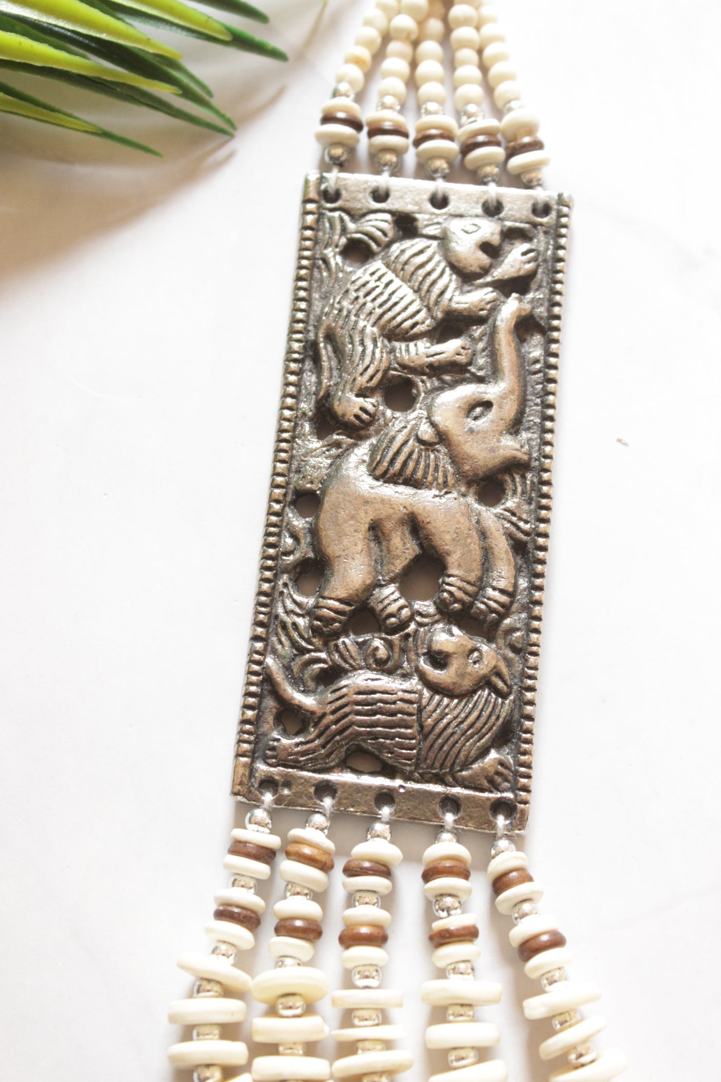 White Coral Seed Beads Multi-Layer Elephant Motif Necklace with Oxidised Finish Metal Detailing