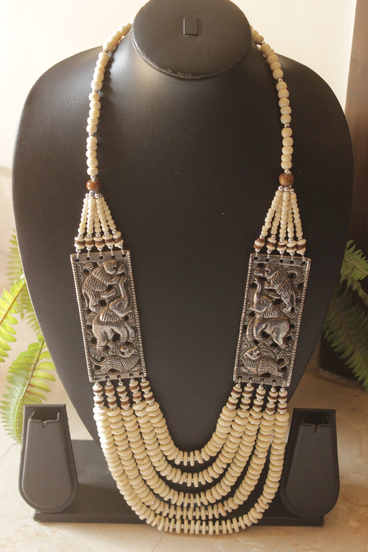 White Coral Seed Beads Multi-Layer Elephant Motif Necklace with Oxidised Finish Metal Detailing