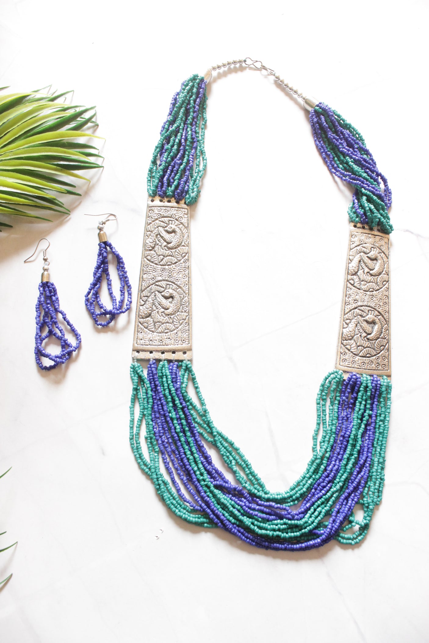 Blue and Purple Beaded Multi Layered Necklace Set with Metal Detailing