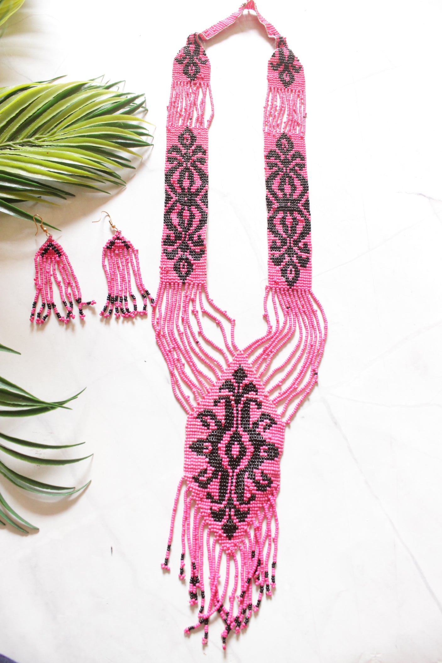 Pink and Black Hand Beaded Long Necklace Set