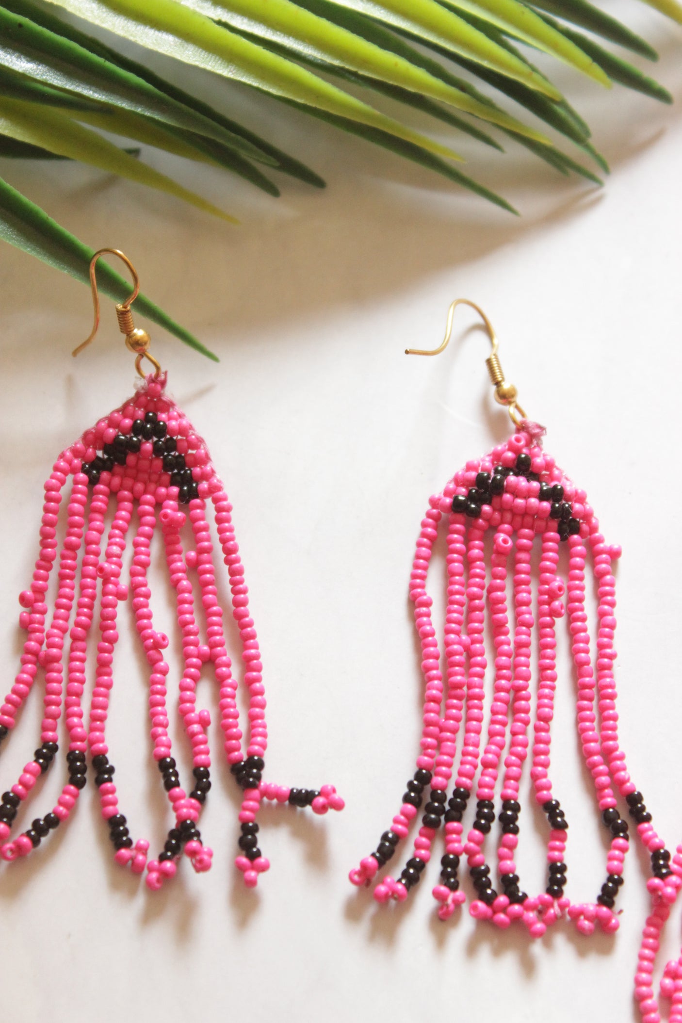 Pink and Black Hand Beaded Long Necklace Set