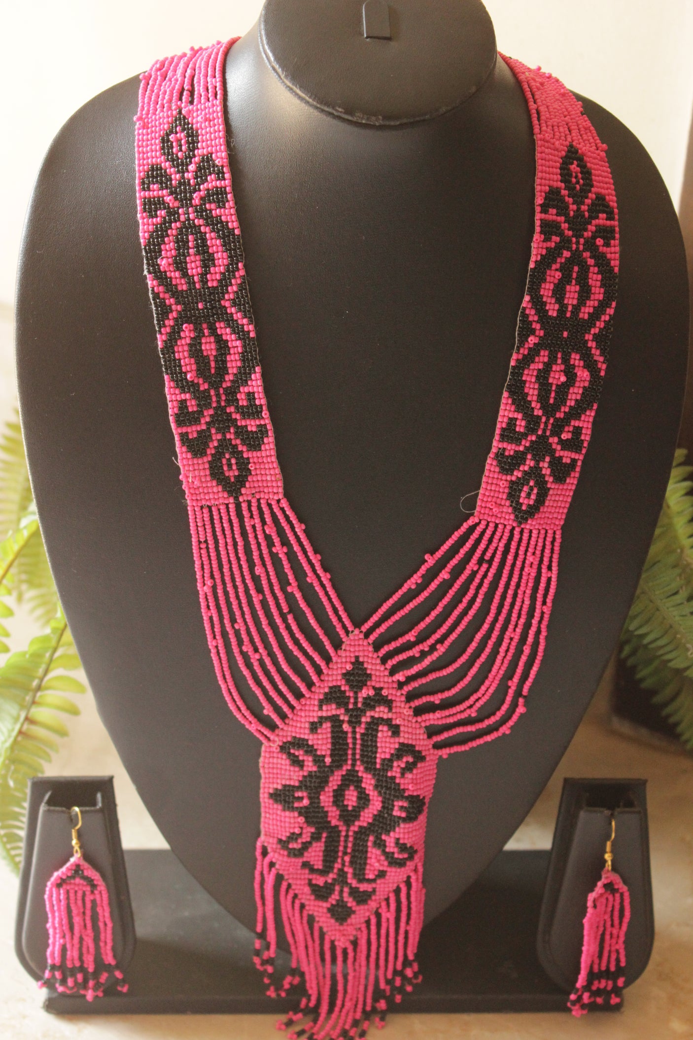 Pink and Black Hand Beaded Long Necklace Set