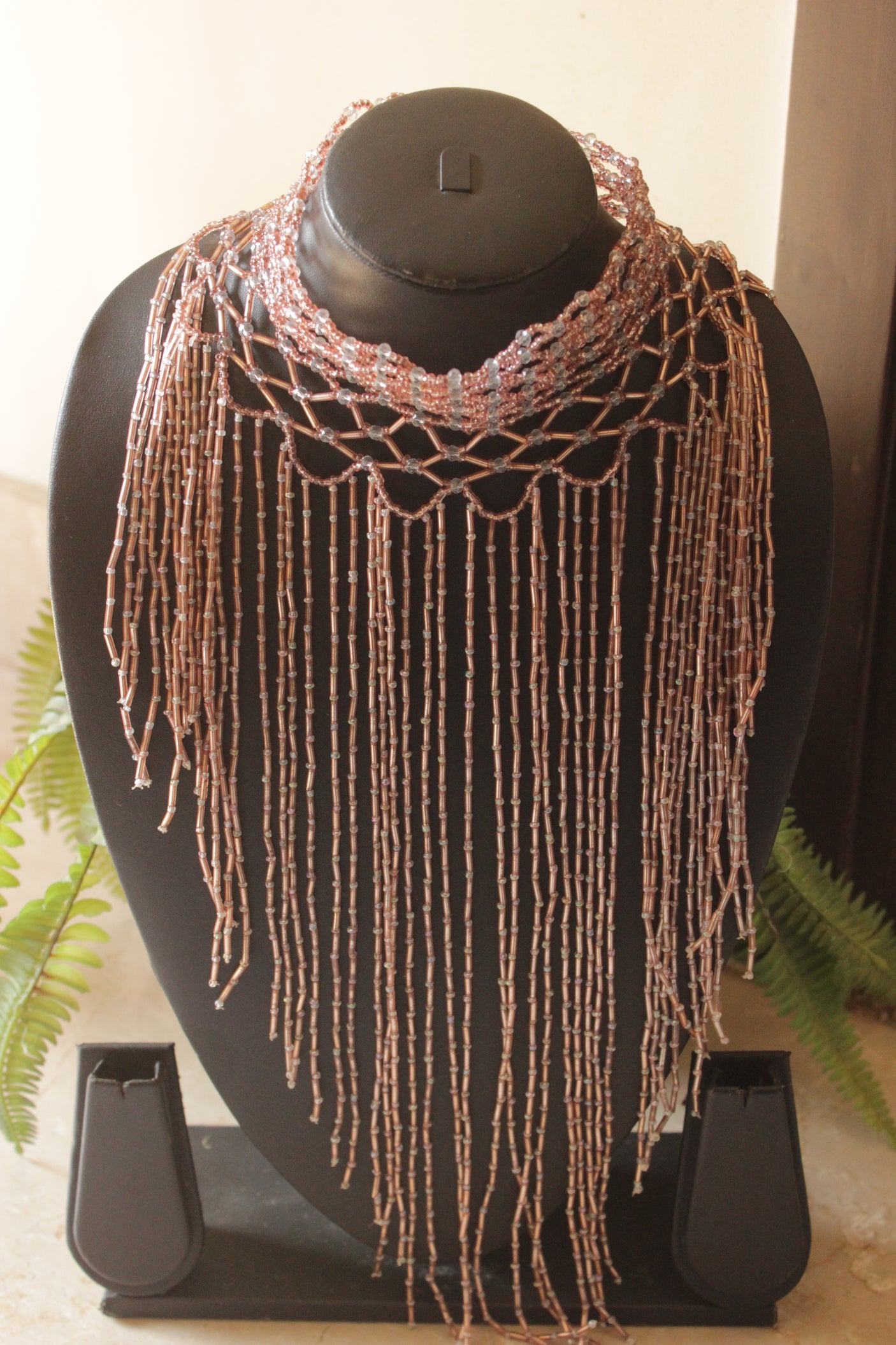 Peach and Grey Glass Beads Statement Choker Necklace