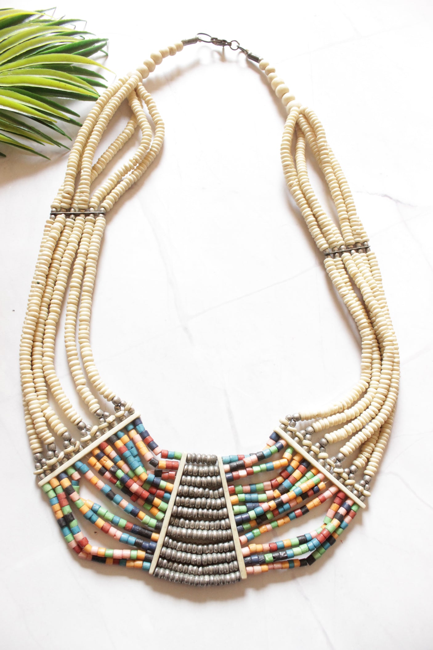 Ivory and Multi-Color Resin Beads Handmade Boho Necklace