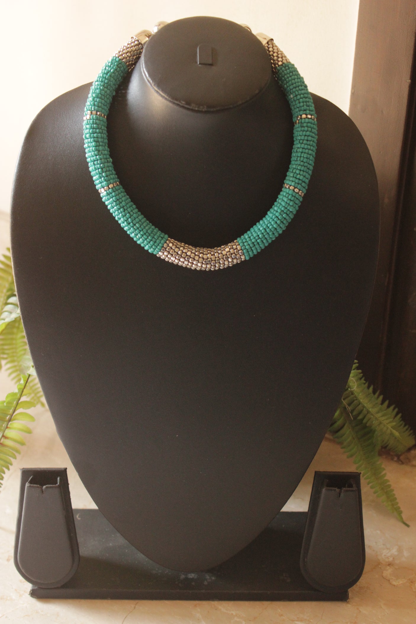 Turquoise and Grey Beaded Handmade Necklace Set