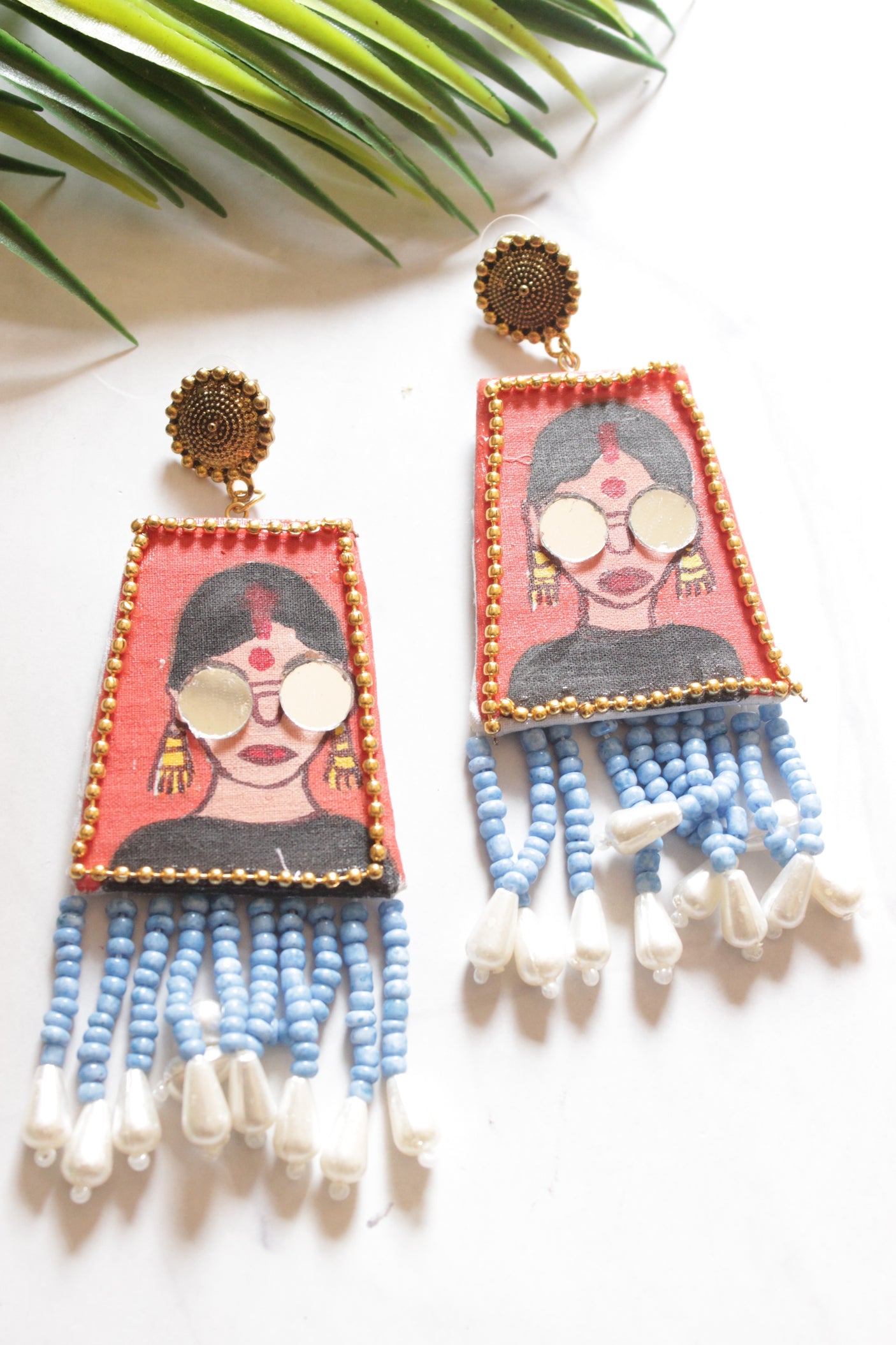 Blue and Red Hand Painted Quirky Fabric Dangler Earrings