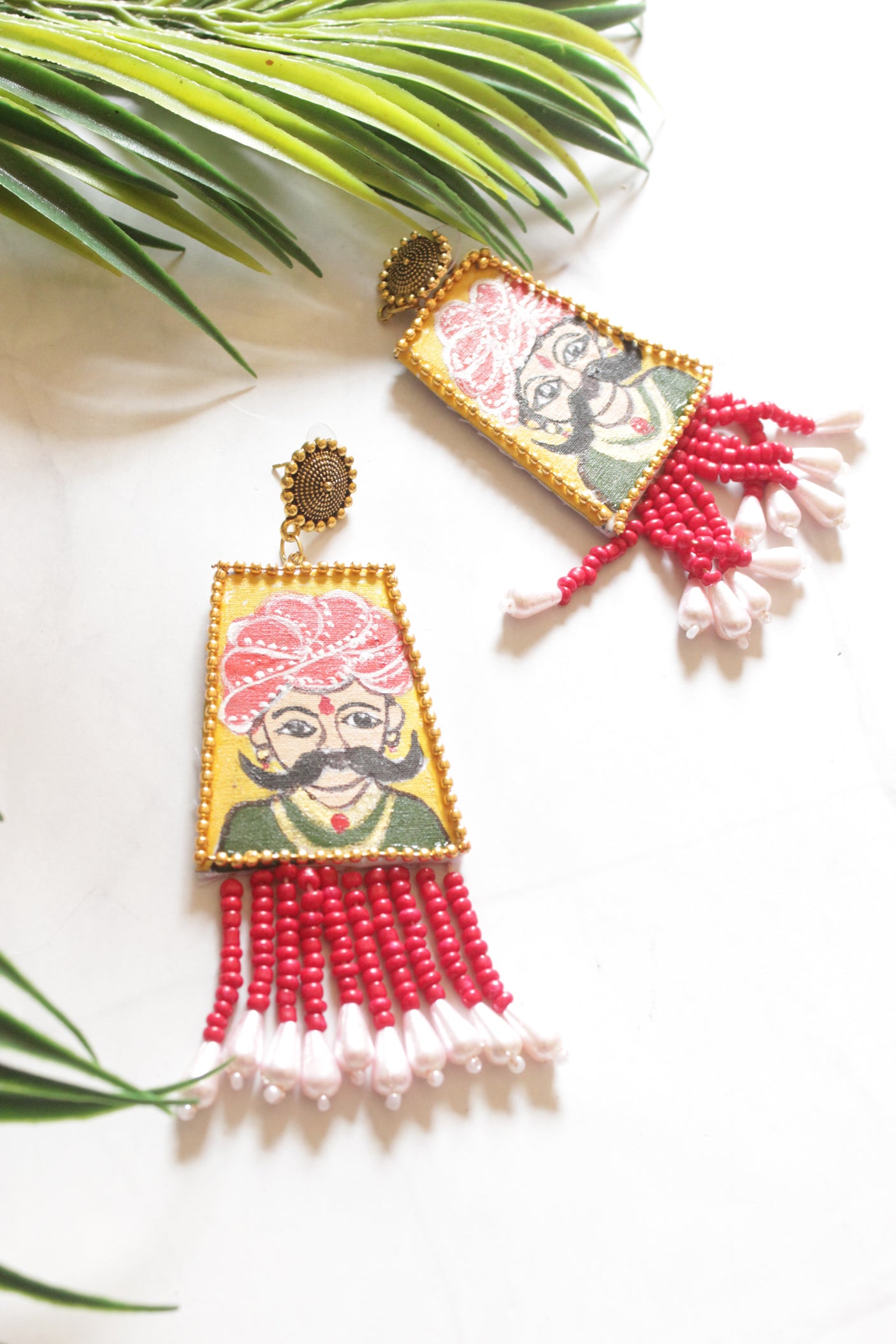 Yellow and Red Hand Painted Quirky Fabric Dangler Earrings