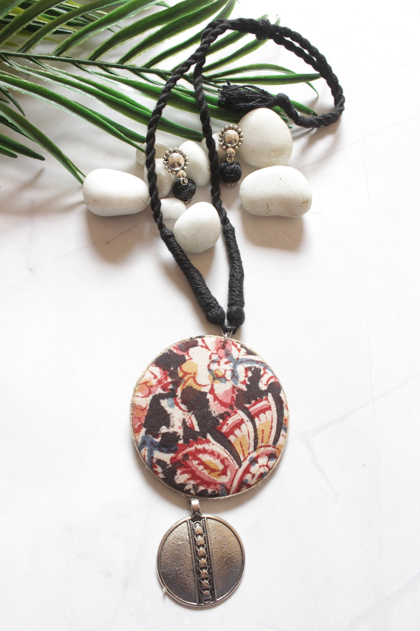 Kalamkari Fabric Necklace Set with Oxidised Finish Metal Pendant