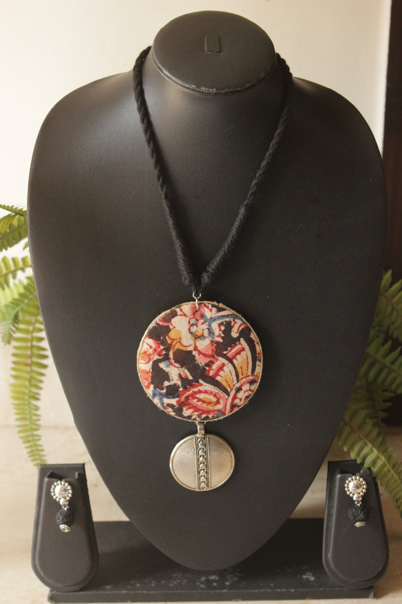 Kalamkari Fabric Necklace Set with Oxidised Finish Metal Pendant