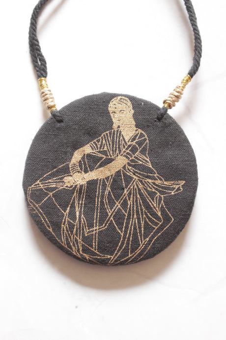 Black Fabric Pendant with Hand Painted Woman Silhouette Necklace