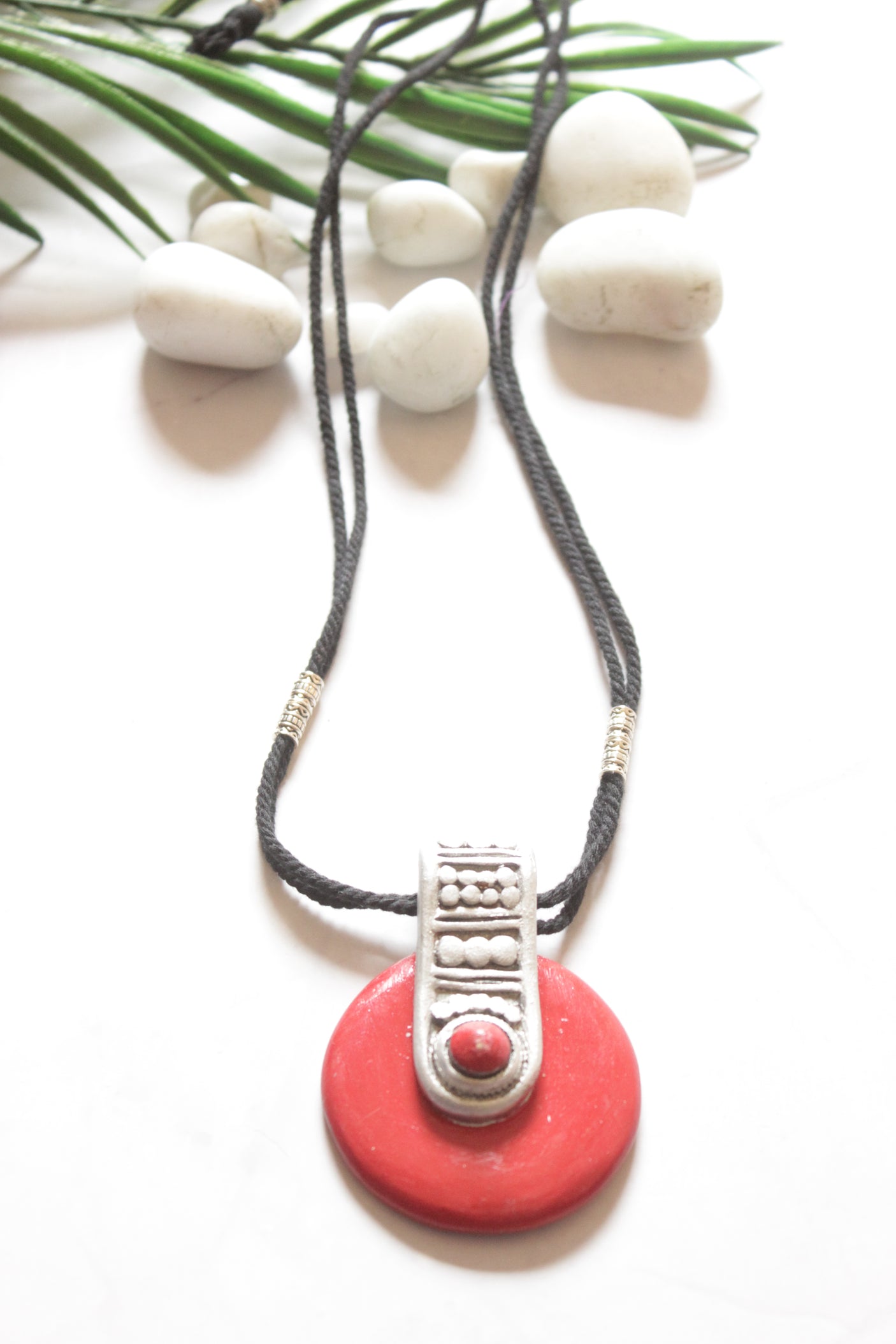 Handmade Circular Pendant Terracotta Clay Necklace with Adjustable Length