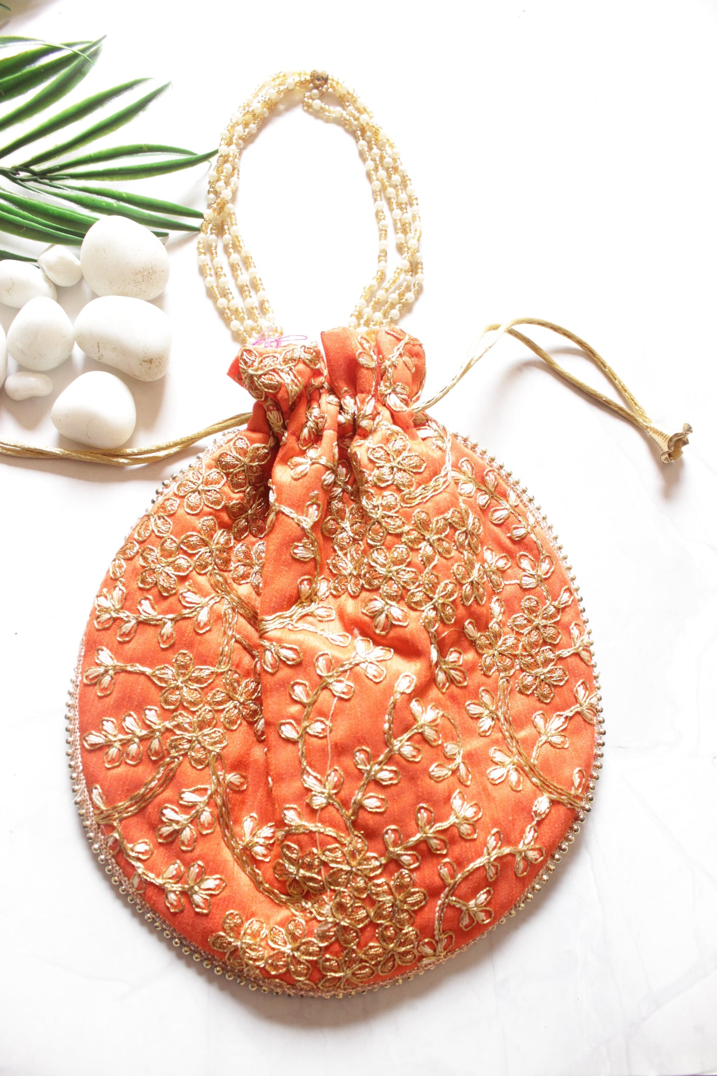 Orange Silk Fabric Hand Embroidered Gold Toned Potli