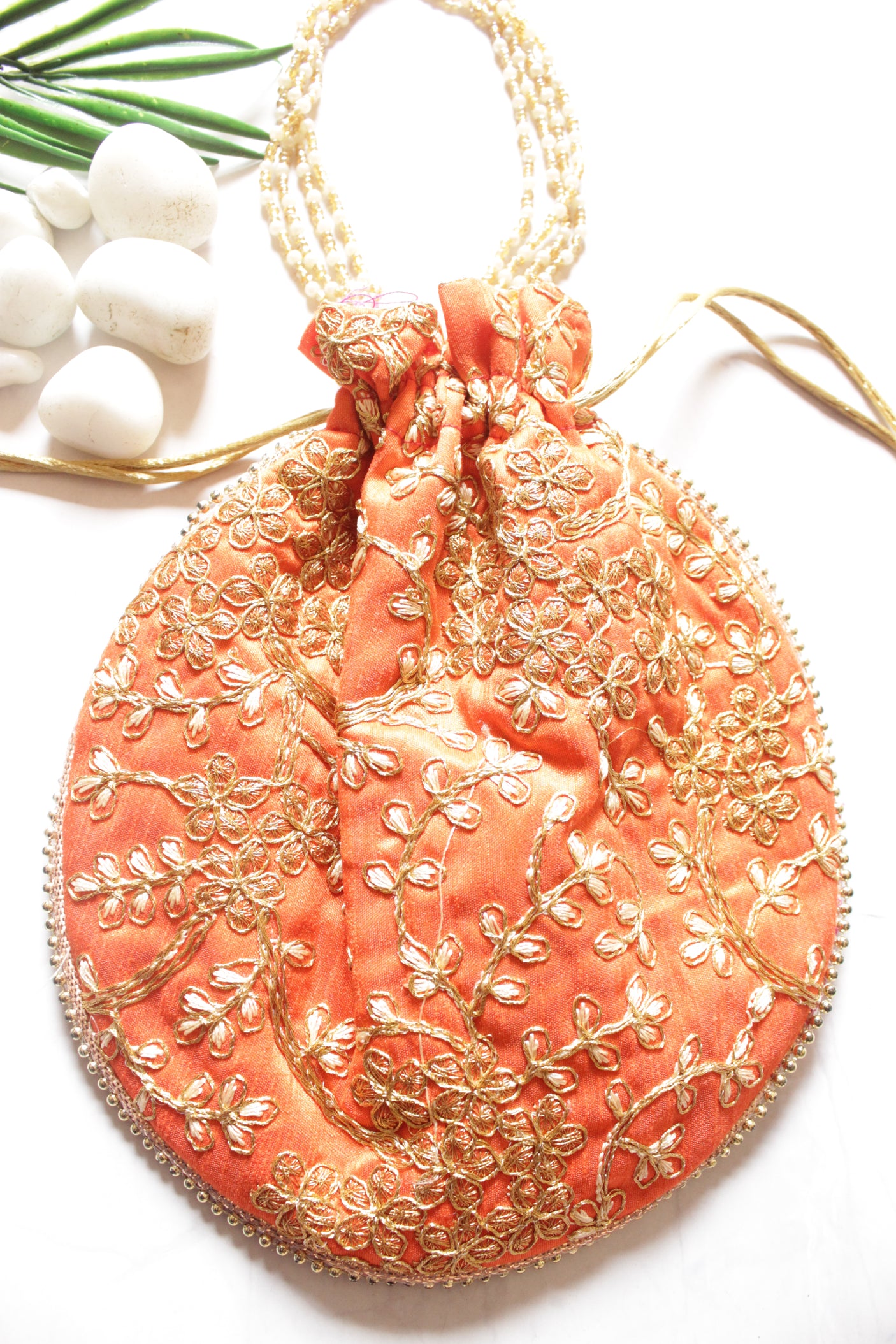 Orange Silk Fabric Hand Embroidered Gold Toned Potli