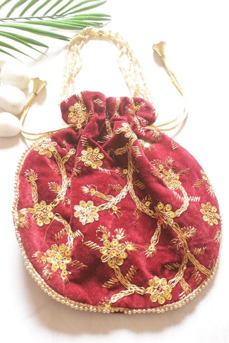 Maroon Velvet Fabric Hand Embroidered Gold Toned Potli