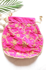 Pink Velvet Fabric Hand Embroidered Gold Toned Potli