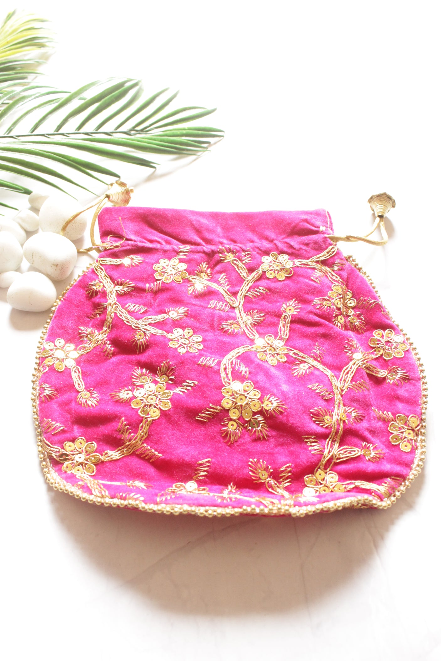 Pink Velvet Fabric Hand Embroidered Gold Toned Potli