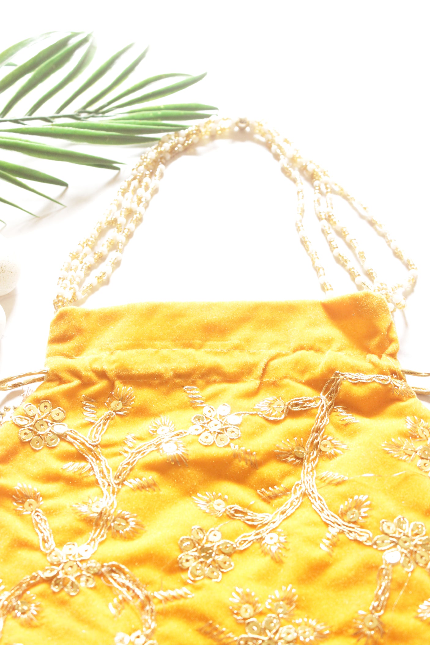 Yellow Velvet Fabric Hand Embroidered Gold Toned Potli