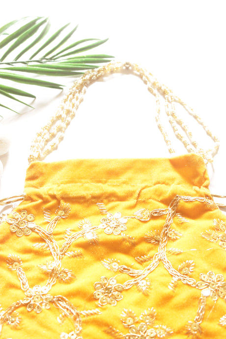 Yellow Velvet Fabric Hand Embroidered Gold Toned Potli