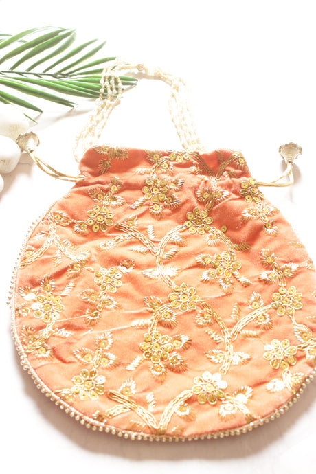 Peach Velvet Fabric Hand Embroidered Gold Toned Potli