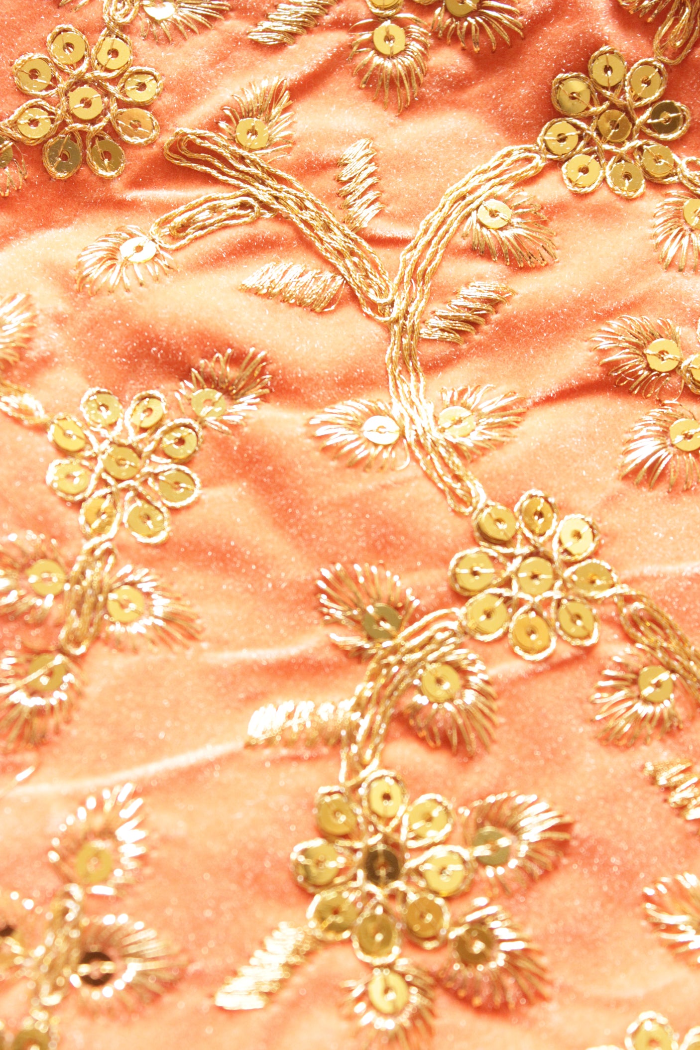 Peach Velvet Fabric Hand Embroidered Gold Toned Potli