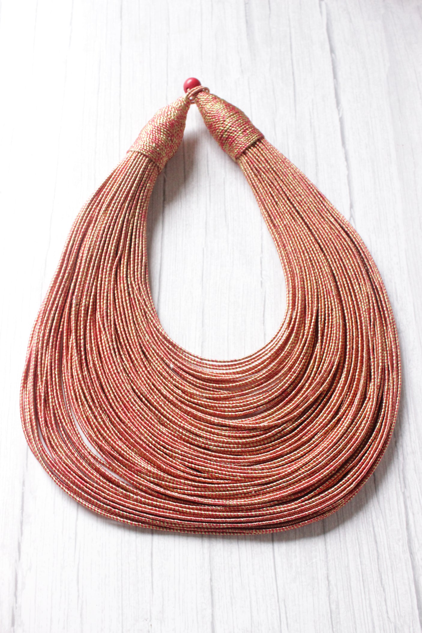 Dull Red & Golden Handmade Silk Threads Multi-Layer Statement African Choker Necklace
