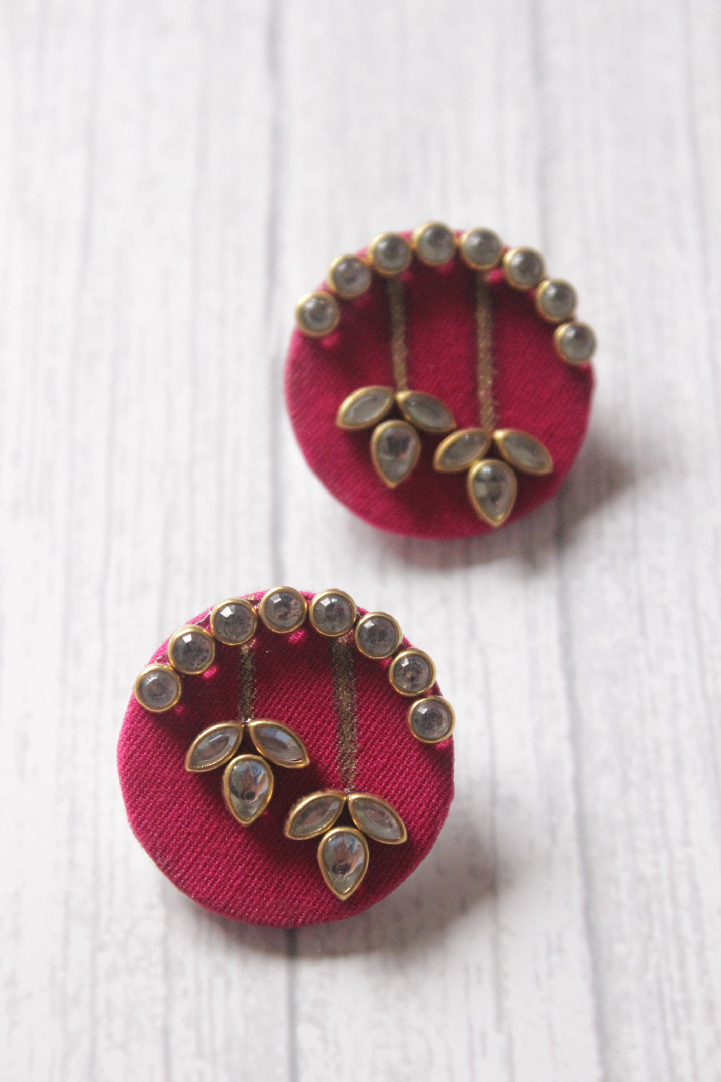 Glass Stones Embedded Gold Tone Handmade Fabric Stud Earrings