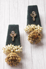 Handcrafted Fabric Jhumka Earrings with Kundan Stones and White Beads