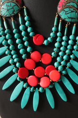 Red & Turquoise Wooden Beads Tribal Motifs Handcrafted Statement African Tribal Necklace