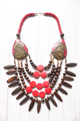 Red & Brown Wooden Beads Tribal Motifs Handcrafted Statement African Tribal Necklace