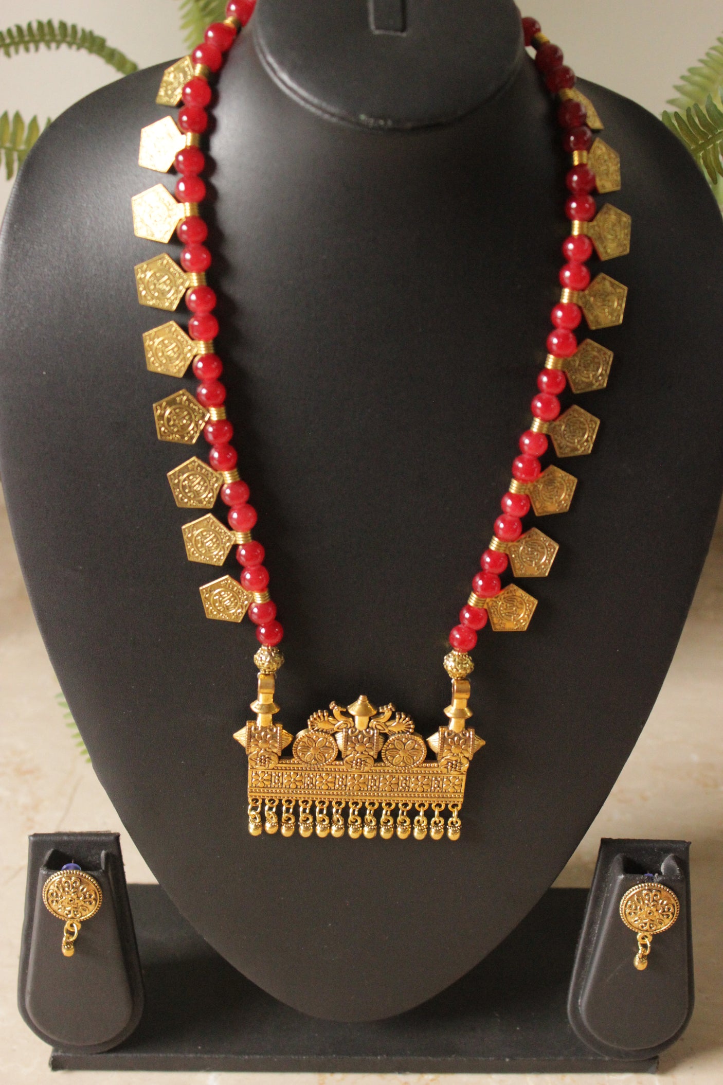 Gold Toned Stamped Coins Red Beads Braided Statement Pendant Necklace Set