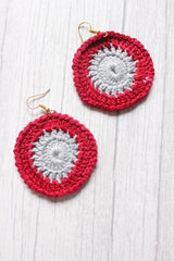 Red & White Circular Crochet Hand Knitted Dangler Earrings